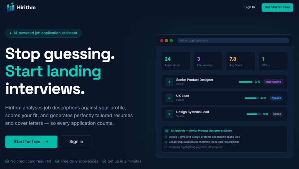 Hirithm landing page — dark navy background, teal headline "Land the job with AI precision", Get Started and Sign In buttons]