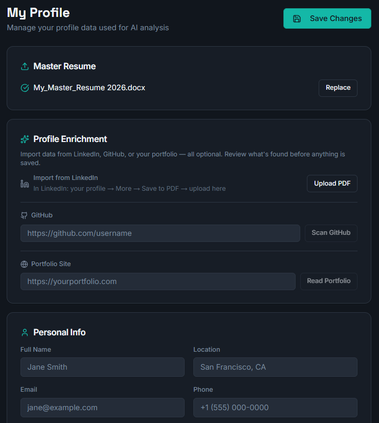 Profile page showing master resume uploaded, personal info fields filled, target roles added as tags]